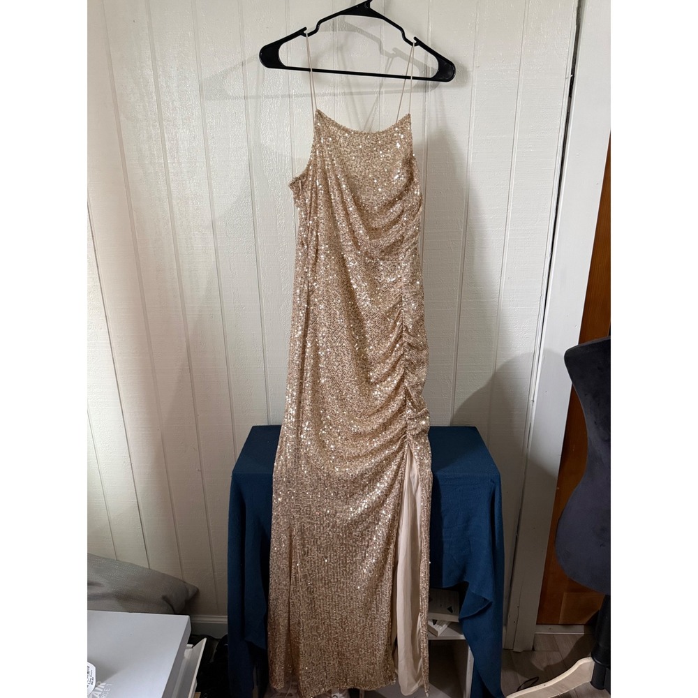 Fashion Nova Gold Sequin Maxi Dress Cowl Neck Ruched High Slit Formal Gown M